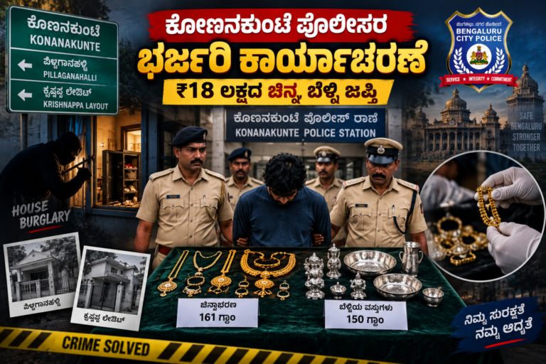 ಕೋಣನಕುಂಟೆ ಪೊಲೀಸರ ಭರ್ಜರಿ ಕಾರ್ಯಾಚರಣೆ: ₹18 ಲಕ್ಷದ ಚಿನ್ನ, ಬೆಳ್ಳಿ ಜಪ್ತಿ