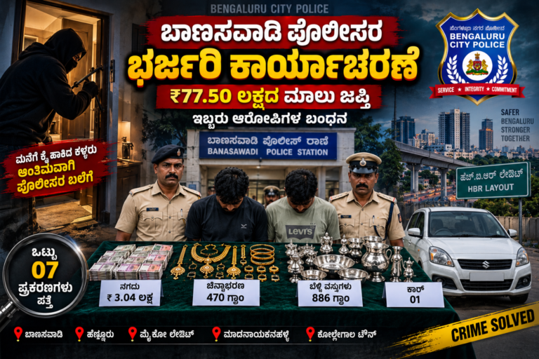 ಬಾಣಸವಾಡಿ ಪೊಲೀಸರ ಭರ್ಜರಿ ಬೇಟೆ: ₹77.50 ಲಕ್ಷದ ಮಾಲು ಜಪ್ತಿ